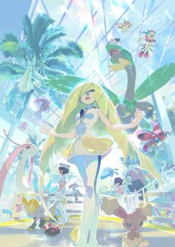 3girls 6+others aether_foundation_employee aether_foundation_uniform alolan_form alolan_vulpix artist_name banana bare_shoulders beret bewear blonde_hair breasts bruxish buneary buzzwole celesteela cleffa dress e_volution faba_(pokemon) food fruit gem gen_2_pokemon gen_3_pokemon gen_4_pokemon gen_5_pokemon gen_6_pokemon gen_7_pokemon glass green_eyes green_gemstone guzzlord hair_over_one_eye hat highres jangmo-o leaf ledian ledyba leggings lilligant long_hair lusamine_(pokemon) mantyke mature_female milotic mismagius multiple_girls multiple_others nihilego nintendo noibat obelisk open_mouth oranguru palm_tree pheromosa pink_sweater pokemon pokemon_(creature) pokemon_sm pyukumuku riolu silhouette smile solo_focus stakataka sunglasses sweater tree tropius ultra_beast very_long_hair white_dress white_fur white_hat white_leggings wicke_(pokemon) xurkitree