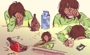 1other bags_under_eyes bottle brown_hair cellphone chocolate_milk commentary cup deltarune drinking english_commentary face_down green_sweater hair_over_one_eye hand_up heart highres holding holding_bottle holding_cup kris_(deltarune) leaning_on_table medium_hair meltsmelts milk_carton multiple_views other_focus phone red_eyes shaded_face smartphone solo soul_(deltarune) sweater throwing two-tone_sweater utdr_(toby_fox)