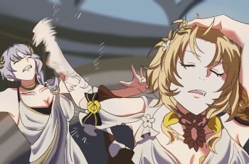 2girls aglaea_(honkai:_star_rail) blonde_hair bow breasts caenis_(honkai:_star_rail) cleavage closed_eyes clothing_cutout collarbone commentary_request dress fighting floral_print flower greco-roman_clothes grey_hair hand_on_own_head highres hitting honkai:_star_rail honkai_(series) jewelry laurel_crown medium_hair meme multiple_girls naoya_hitting_choso_without_looking_(meme) necklace oekakidekinai1 parted_lips tattoo teeth white_flower