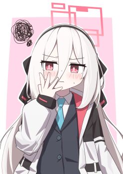 Rule 34 | 1girl, absurdres, arm at side, black bow, black hairband, black jacket, black vest, blue archive, blue necktie, blush, border, bow, bright pupils, buttons, closed mouth, collared shirt, commentary request, double-parted bangs, hair between eyes, hair bow, hairband, halo, hand up, highres, jacket, kei (blue archive), long bangs, long hair, long hair between eyes, long sleeves, looking to the side, multicolored jacket, necktie, open clothes, open jacket, outside border, pink background, pink eyes, pink halo, pink jacket, puffy long sleeves, puffy sleeves, rectangular halo, shirt, sidelocks, simple background, solo, squiggle, straight-on, sweatdrop, tokuchi919, two-sided fabric, two-sided jacket, upper body, very long hair, vest, white border, white hair, white jacket, white shirt