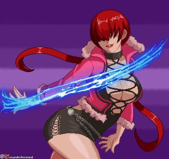 1girl artist_name black_dress breasts collarbone dress female_focus foxander fur-trimmed_jacket fur_trim hair_over_eyes jacket large_breasts pink_jacket pixel_art ponytail red_hair shermie_(kof) short_dress short_hair solo the_king_of_fighters the_king_of_fighters_xv thick_thighs thighs twitter_username watermark