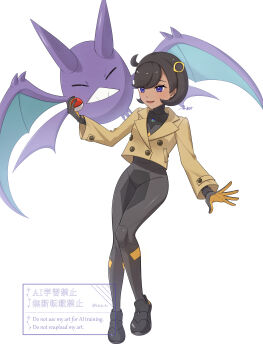 Rule 34 | 1girl, :d, absurdres, blue eyes, bodysuit, bodysuit under clothes, commentary request, crobat, emma (pokemon), eyelashes, gen 2 pokemon, gloves, hair ornament, hand up, highres, holding, holding poke ball, ichida ao, jacket, long sleeves, nintendo, open mouth, poke ball, poke ball (basic), pokemon, pokemon (creature), pokemon legends: z-a, shoes, short hair, side ahoge, simple background, smile, white background