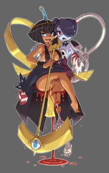 2girls ancient_egyptian bad_id bad_pixiv_id black_hair blood blue_eyes blue_hair blue_skin bob_cut bone breasts cleavage colored_skin dark-skinned_female dark_skin detached_sleeves eliza_(skullgirls) fangs female_focus grey_background hair_over_one_eye high_heels highres large_breasts leviathan_(skullgirls) microphone microphone_stand monster_girl moyoosu multiple_girls parasite purple_hair red_eyes scythe short_hair side-by-side side_ponytail simple_background skull skullgirls smile squigly_(skullgirls) stitched_mouth stitches tiara yellow_eyes zombie