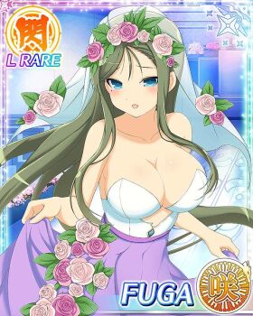 1girl :o blue_eyes blush border breasts bridal_veil bride card_(medium) character_name church cleavage clothes_lift dress english_text flower fuga_(senran_kagura) game_cg green_hair hair_flower hair_ornament large_breasts lifting_own_clothes long_hair looking_at_viewer mole mole_under_eye nontraditional_wedding_dress official_alternate_costume official_art pink_flower pink_rose purple_dress rose senran_kagura senran_kagura_new_wave skirt skirt_lift solo strapless strapless_dress swept_bangs veil wedding wedding_dress white_dress