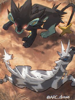 arc_draws bright_pupils chromatic_aberration day from_above gen_4_pokemon gen_5_pokemon glowing glowing_eyes highres luxray nintendo no_humans outdoors pokemon pokemon_(creature) pokemon_focus standing yellow_eyes zebstrika