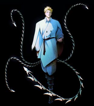 1boy alternate_costume arm_up black_background blonde_hair blue_eyes closed_mouth coat commentary english_commentary full_body highres kookirani male_focus millions_knives pants sash simple_background solo spiked_hair tendril trigun trigun_stampede white_coat wide_sleeves wing_collar