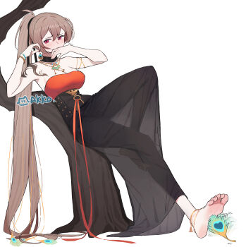 1girl absurdres azur_lane bare_shoulders blush brown_hair collar feet high-waist_skirt highres jean_bart_(azur_lane) lan_mao_akko long_hair ponytail red_eyes shirt skirt soles strapless strapless_shirt tickling tickling_feet toes very_long_hair white_background