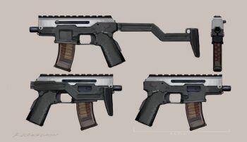 artist_name beige_background from_side grey_background gun highres hozumi_sousei magazine_(weapon) multiple_views no_humans original submachine_gun trigger weapon weapon_focus