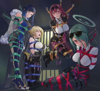4girls absurdres bdsm blonde_hair blue_archive blue_hair bondage bound breasts doradofin evelyn_chevalier eyewear_on_head genshin_impact green_hair halo highres honkai_(series) indoors kafka_(honkai:_star_rail) looking_at_viewer mina_(blue_archive) multiple_girls pantyhose pink_hair red_eyes shibari yelan_(genshin_impact) zenless_zone_zero