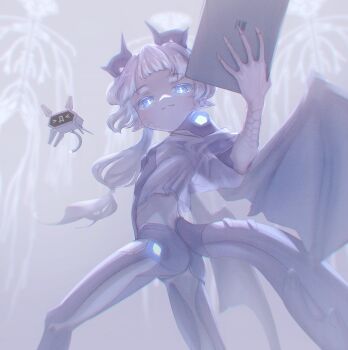 1girl absurdres ass blue_eyes captaintcher dragon_girl dragon_horns dragon_tail flat_chest highres holographic_interface horns long_hair looking_at_viewer original robot science_fiction smile tail white_hair