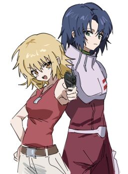 1boy 1girl aiming aiming_at_viewer athrun_zala bare_arms bare_shoulders belt blonde_hair blue_hair breasts brown_belt brown_eyes cagalli_yula_athha closed_mouth cowboy_shot dog_tags furrowed_brow green_eyes grey_pants gun gundam gundam_seed hair_between_eyes hand_on_own_hip handgun holding holding_gun holding_weapon light_frown medium_breasts medium_hair open_mouth pants parted_bangs red_pants red_tank_top sketch smile syst098 tank_top weapon white_background