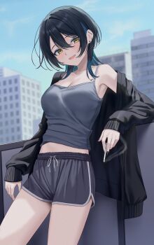1girl barbell_piercing black_hair black_jacket black_nails black_shorts blue_hair blush breasts building camisole cigarette city day double-parted_bangs ear_piercing earrings from_side gradient_hair grey_camisole highres holding holding_cigarette jacket jewelry large_breasts leaning_on_object long_hair long_sleeves looking_at_viewer multicolored_hair nail_polish open_clothes open_jacket open_mouth piercing rama_(yu-light8) shorts sky smile smoke smoking solo thighs wolf_cut yellow_eyes