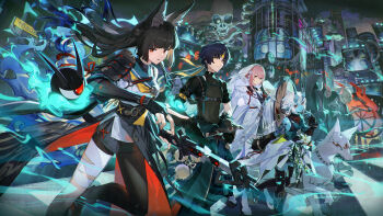 1boy 3girls absurdres animal animal_ear_fluff animal_ears armor asaba_harumasa black_hair black_shirt blue_horns blue_oni blue_skin blunt_bangs breasts building cape cat colored_skin commentary_request detached_sleeves dog fox_ears fox_girl glass glasses gloves hair_between_horns halloween halloween_costume headband highres hood horns hoshimi_miyabi japanese_armor large_breasts long_hair looking_at_viewer looking_to_the_side mouse_(animal) multicolored_horns multiple_girls neckerchief night official_alternate_costume official_art oni orange_eyes outdoors partially_fingerless_gloves pink_hair school_uniform serafuku shirt short_hair shoulder_armor sign single_leg_pantyhose skeleton skin-covered_horns skull sky skyscraper sleeves_past_wrists smoking_pipe sode soukaku_(zenless_zone_zero) standing teru2307 tsukishiro_yanagi two-tone_horns white_gloves white_hood window yellow_eyes yellow_headband yellow_neckerchief zenless_zone_zero