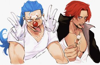 2boys :p abs absurdres bare_pectorals black_cape blue_hair buggy_the_clown cape clown_nose collarbone collared_cape commentary cropped_torso devil_fruit_power double_v facepaint facial_hair gloves goatee highres holding holding_skewer lipstick long_hair looking_at_viewer makeup male_focus multiple_boys one_piece pectorals ponytail popped_collar red_hair scar scar_on_face shanks_(one_piece) shirt short_sleeves side-by-side simple_background skewer symbol-only_commentary t-shirt teeth tongue tongue_out twitter_username upper_teeth_only v v-neck vamos_mk veins veiny_arms very_long_hair white_background white_gloves white_shirt