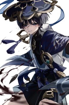 1boy aqua_gemstone black_bodysuit black_bow black_shorts blood blood_on_face blood_splatter blue_cape blue_hat blue_kimono blue_sleeves blunt_ends bodysuit bow cape commentary empty_eyes feathers furisode gem genshin_impact gold grin hakama hakama_shorts hashtag-only_commentary hat highres japanese_clothes jingasa juban kimono layered_sleeves looking_at_viewer male_focus open_clothes open_kimono pleated_shorts pom_pom_(clothes) purple_eyes scaramouche_(genshin_impact) short_sleeves shorts smile solo tassel tsurime wanderer_(genshin_impact) white_background white_kimono white_sleeves white_trim wispy_bangs yellow_feathers yu_(geda4335)