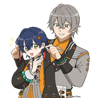 1boy 1girl belle_(delicate_sunlight)_(zenless_zone_zero) belle_(zenless_zone_zero) black_dress blue_hair brother_and_sister dress green_eyes grey_hair grey_jacket hair_ornament highres holding_earrings jacket letter_hair_ornament looking_at_another looking_at_viewer official_alternate_costume popochi_fuwa shirt short_hair siblings smile wise_(soaring_crane)_(zenless_zone_zero) wise_(zenless_zone_zero) yellow_jacket yellow_shirt zenless_zone_zero