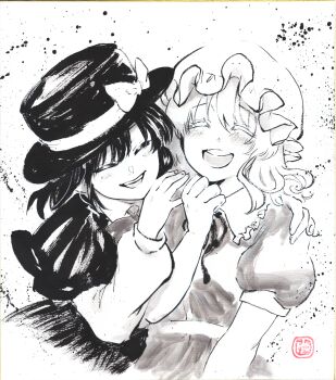 2girls absurdres blush bow capelet closed_eyes collared_shirt commentary_request dress facing_viewer greyscale hand_on_another's_shoulder hat hat_bow highres long_sleeves maribel_hearn mob_cap monochrome multiple_girls neck_ribbon open_mouth puffy_sleeves ribbon shikishi shirt skirt smile sumi-e teeth touhou traditional_media translation_request upper_body upper_teeth_only usami_renko yuzuha_(yuzutime)