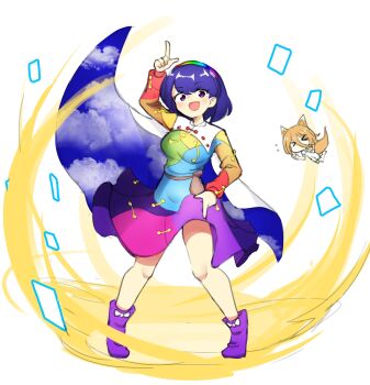 >_< 2girls :d absurdres bare_legs breasts card cloak full_body hair_between_eyes hairband highres kudamaki_tsukasa legs_apart medium_breasts multicolored_hairband multiple_girls open_mouth patchwork_clothes pointing pointing_up purple_eyes purple_hair sifserf sky_print smile solo_focus standing tenkyuu_chimata touhou