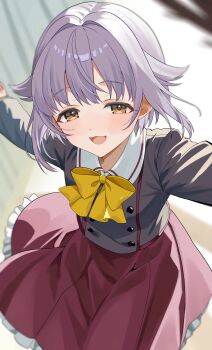 1girl :3 :d absurdres blush bow bowtie brown_shirt buttons commentary_request double-breasted hair_flaps highres idolmaster idolmaster_cinderella_girls koshimizu_sachiko looking_at_viewer open_mouth outstretched_arms pink_skirt purple_hair sailor_collar shirt short_hair skirt smile solo tillots white_sailor_collar yellow_bow yellow_bowtie