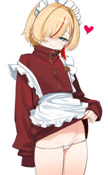 1girl absurdres apron blonde_hair blue_eyes closed_mouth hair_over_one_eye highres jacket lifting_own_clothes loli looking_at_viewer maid maid_apron maid_headdress multicolored_hair original panties red_hair red_jacket red_streaks shenqi_xiaohuang short_hair simple_background smile solo streaked_hair thighs underwear white_apron white_background white_panties