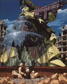 2boys armor artist_request backpack bag battle battlefield black_bag fountain gundam helmet highres lying mecha military_combat_uniform military_uniform multiple_boys non-web_source on_back robot rocket_launcher rubble scan science_fiction soldier teamwork war weapon