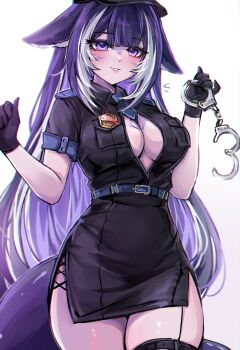 1girl absurdres animal_ears black_gloves black_hair black_hat black_jacket black_skirt body_markings breasts cat_ears cetacean_tail cleavage facial_mark fins fish_tail gloves hat highres indie_virtual_youtuber jacket large_breasts long_hair mokiemokki police police_uniform policewoman shylily skirt solo tail very_long_hair virtual_youtuber white_streaks