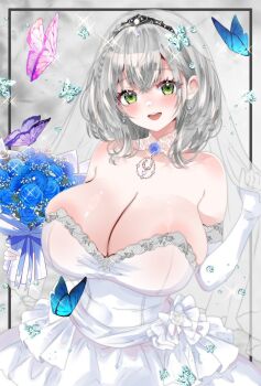 1girl blush bouquet breasts bug butterfly cleavage commentary_request dress earrings elbow_gloves flower gloves green_eyes grey_hair highres holding holding_bouquet hololive huge_breasts insect jewelry looking_at_viewer open_mouth rota_kokko shirogane_noel smile virtual_youtuber white_dress white_gloves