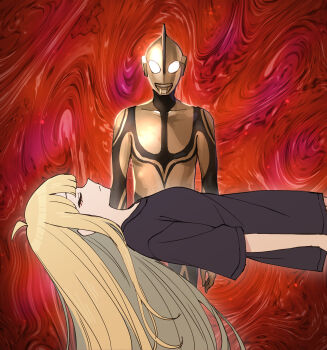 1girl 1other absurdres black_shirt blank_eyes blonde_hair cho_kaguya-hime! closed_eyes closed_mouth commentary_request crossover highres kaguya_(cho_kaguya-hime!) long_hair lying on_back shin_ultraman shirt short_sleeves somechime_(sometime1209) ultra_series very_long_hair zoffy_(shin)