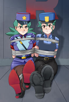 2girls absurdres aqua_hair arms_behind_back bdsm bondage bound bound_ankles bound_arms breasts brown_eyes gag hat high_heels highres improvised_gag jenny_(pokemon) legs lost_one_zero multiple_girls nintendo pokemon pokemon_(anime) pokemon_(classic_anime) pokemon_sm_(anime) police police_hat police_uniform policewoman tape tape_bondage tape_gag team_rocket