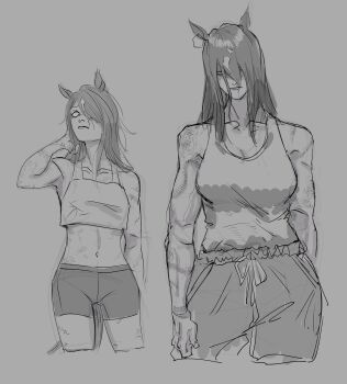 2girls absurdres animal_ears bare_shoulders bike_shorts breasts bruise bullet_wound cleavage collarbone commentary cowboy_shot crop_top drawstring genderswap genderswap_(mtf) glowing glowing_eye grey_background hair_over_one_eye halo_(racehorse) highres horse_ears horse_girl horse_tail injury long_hair looking_at_viewer multicolored_hair multiple_girls navel original parent_and_child personification scar scars_all_over shishitou_(tougarashikarai) size_difference sketch streaked_hair sunday_silence_(racehorse) tail tank_top too_many umamusume