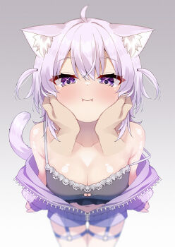 1girl 1other ahoge animal_ears breasts camisole cat_ears cat_girl cat_tail cleavage closed_mouth grey_camisole highres hololive jacket large_breasts looking_at_viewer medium_hair nekomata_okayu nekomata_okayu_(membership) o-ring o-ring_thigh_strap official_alternate_costume purple_eyes purple_hair purple_jacket solo tail thigh_strap two_side_up virtual_youtuber win_opz