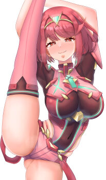 1girl absurdres armor blush bob_cut breasts chest_jewel commentary_request core_crystal_(xenoblade) cowboy_shot earrings floating_earrings full-face_blush half-closed_eyes highres holding_own_leg impossible_clothes jewelry large_breasts leg_up meipasuye pyra_(xenoblade) red_eyes red_hair red_shorts red_thighhighs short_hair short_sleeves shorts shoulder_armor simple_background smile solo split standing standing_on_one_leg standing_split suspenders swept_bangs thighhighs tiara white_background xenoblade_chronicles_(series) xenoblade_chronicles_2