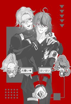 2boys :d absurdres ahoge aizendai aotsuki_eito armband bound bound_arms buttons chibi chibi_inset chinese_commentary chinese_text clenched_teeth dots gakuran glasses grey_background greyscale_with_colored_background hand_on_another's_chin hand_on_another's_shoulder highres hole_in_chest hole_on_body large_hands last_defense_academy_school_uniform looking_at_another male_focus multiple_boys open_mouth red_background red_ribbon ribbon school_uniform short_hair smile speech_bubble spot_color square sumino_takumi teeth the_hundred_line_-last_defense_academy- triangle two-tone_background upper_teeth_only