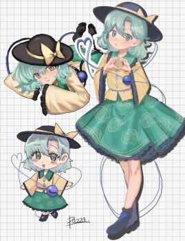 1girl black_shoes blush chibi closed_mouth commentary frills green_eyes green_hair green_skirt hat heart heart_hands highres komeiji_koishi looking_at_viewer lying medium_hair on_stomach parted_lips petarikooo puffy_sleeves shirt shoes signature skirt smile standing third_eye touhou yellow_shirt