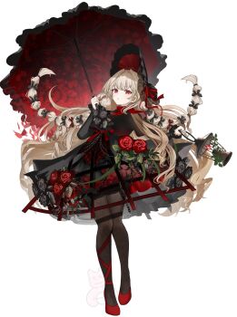 1girl black_dress black_gloves black_pantyhose blonde_hair blush bonnet braid breasts chain commentary_request curly_hair dress dress_flower drill_hair eyeliner falling_petals flower full_body glove_bow gloves gothic_lolita highres holding holding_umbrella lantern layered_dress lolita_fashion long_hair long_sleeves looking_at_viewer makeup medium_breasts original pantyhose parted_lips patterned_clothing petals puffy_sleeves red_dress red_eyeliner red_eyes red_flower red_ribbon red_rose ribbon rose sakizaki_saki-p solo twin_braids two-tone_dress umbrella wind