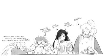 4girls bishoujo_senshi_sailor_moon black_hair closed_eyes covering_with_blanket double_bun english_text frown glasses greyscale hair_bobbles hair_bun hair_ornament highres hino_rei kino_makoto long_hair mercuri0ff mizuno_ami monochrome multiple_girls ponytail reading round_eyewear short_hair smile thick_eyebrows tsukino_usagi writing