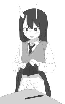 1girl absurdres aoki_ruri blush body_writing bright_pupils clothes_lift collared_shirt cowboy_shot do_you_want_to_pet_my_cat_(meme) double-parted_bangs dress_shirt embarrassed greyscale hair_between_eyes highres horns lifting_own_clothes loli long_hair long_sleeves looking_at_viewer marker meme monochrome necktie open_mouth pleated_skirt pussy ruridragon shirt sidelocks simple_background skirt skirt_lift solo sweat sweater_vest table tuitou white_pupils