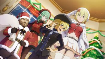 2boys 2girls adjusting_eyewear aiz_wallenstein anime_coloring beard belt beret black_belt black_gloves black_hat black_vest blonde_hair blue_eyes braid braided_beard breasts brown_hair buttons capelet christmas christmas_ornaments christmas_tree closed_eyes closed_mouth crop_top danmachi_battle_chronicle dress dungeon_ni_deai_wo_motomeru_no_wa_machigatteiru_darou_ka dwarf elf facial_hair finn_deimne full_beard fur-trimmed_capelet fur-trimmed_jacket fur_trim game_cg gareth_landrock glasses gloves hand_on_eyewear hand_on_own_hip hat highres holding holding_sack indoors jacket jewelry long_hair long_sleeves medium_breasts midriff multiple_boys multiple_girls newsboy_cap non-web_source official_alternate_costume official_art pants pointy_ears purple_pants purple_shirt red_capelet red_dress red_hat red_jacket ring riveria_ljos_alf sack salute santa_costume santa_hat shirt skirt snowflake_brooch sweatdrop thick_eyebrows vest white_capelet white_gloves white_hat white_skirt yellow_eyes