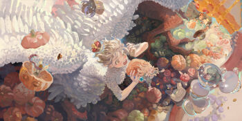 2girls 3boys absurdres blonde_hair blush body_fur braid brown_bag brown_hair brown_hat chilchuck_tims chimera coin crown cup dryad_fruit_(dungeon_meshi) dungeon_meshi dwarf eating elf falin_touden falin_touden_(chimera) feathers hashtag-only_commentary hat highres laios_touden mandrake_(dungeon_meshi) marcille_donato monster_girl multiple_boys multiple_girls pointy_ears pumpkin scarf senshi_(dungeon_meshi) talons teacup ts_psi_vczzxvc twin_braids walking_mushroom_(dungeon_meshi) white_feathers