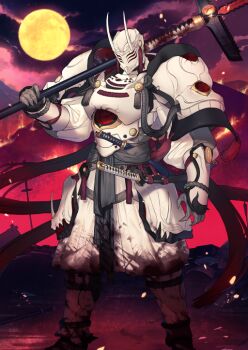 arm_at_side armor blood blood_on_clothes blood_splatter bloody_weapon breastplate clenched_hands covered_face dd_(vktr4837) dried_blood fake_horns fate/grand_order fate_(series) feet_out_of_frame full_armor full_moon game_cg gloves grey_gloves grey_sash hand_up helmet holding holding_polearm holding_weapon horned_helmet horns japanese_armor juumonji_yari katana kusazuri legs_apart moon mori_nagayoshi_(fate) mori_nagayoshi_(third_ascension)_(fate) ningen_mukotsu_(fate) official_art over_shoulder pants polearm puffy_sleeves rope sheath sheathed shirt shoulder_armor sode spear standing suneate sword tassel third-party_source variant_set weapon weapon_over_shoulder white_armor white_pants white_shirt yari