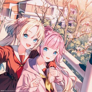 2girls :d anyoji_hime aqua_eyes arm_around_neck bare_tree blonde_hair blue_hair blunt_bangs brown_dress cherry_blossoms commentary_request copyright_notice cover_image curtained_hair dress fang flower gradient_hair hair_flower hair_intakes hair_ornament hasu_no_sora_school_uniform highres hood hooded_jacket jacket link!_like!_love_live! long_sleeves looking_at_viewer love_live! mira-cra_park! multi-tied_hair multicolored_hair multiple_girls neckerchief official_art open_clothes open_jacket open_mouth osawa_rurino outdoors parted_bangs pink_flower pink_jacket pleated_dress ponytail railing red_neckerchief sailor_collar sailor_dress school_uniform selfie sidelocks smile tadano_yukiko teeth tree twintails upper_teeth_only virtual_youtuber white_sailor_collar winter_uniform yellow_neckerchief