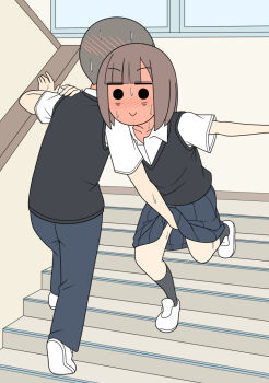 1boy 1girl accidental_pervert blush crotch_grab embarrassed fingering full-face_blush hand_on_another&#039;s_shoulder hetero indoors juukyuu on_stairs original pants school_uniform shoes short_hair skirt socks stairs sweat tripping walking window