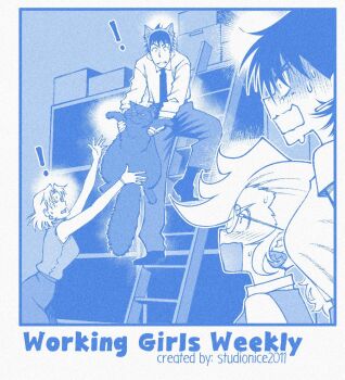 ! 1boy 3girls animal animal_ear_hairband animal_ears blue_theme breasts cat cat_ear_hairband cat_ears collared_shirt earrings english_text fake_animal_ears glasses hairband holding holding_animal holding_cat jewelry ladder looking_at_another mole mole_under_eye monochrome multiple_girls necktie on_ladder open_mouth original pants shirt shoes short_hair speech_bubble studionice2011 surprised sweat talking