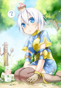 Rule 34 | 1girl, ?, archer (ragnarok online), belt, blue dress, blue eyes, blue sky, blush, boots, bottle, breasts, brown boots, brown gloves, brown thighhighs, bush, closed mouth, commentary request, day, dress, elbow pads, expressionless, full body, gloves, greatest general (ragnarok online), hair between eyes, highres, looking at viewer, medium breasts, milk bottle, muneate, mushroom on head, outdoors, ragnarok online, seiza, short dress, short hair, short sleeves, sitting, sky, solo, spoken question mark, thighhighs, tree, white hair, yousagi