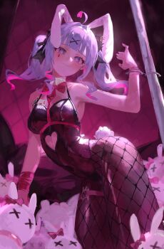 1girl absurdres ace_(playing_card) ace_of_hearts ahoge animal_ears arched_back armband armpits ass bare_shoulders black_leotard black_pantyhose black_ribbon blue_eyes blue_hair blunt_bangs blush bow breasts card chest_strap clothing_cutout collar colored_inner_hair commentary_request cuffed cuffs cutout_above_navel dancing detached_collar drill_hair earrings facial_tattoo fake_animal_ears fake_tail fishnet_pantyhose fishnets from_side hair_intakes hair_ornament hair_over_shoulder hair_ribbon hairband handcuff_dangle handcuffs hatsune_miku head_tilt heart heart_cutout heart_hair_ornament highleg highleg_leotard highres jewelry kyoro_ina legs_together leotard light_smile long_hair looking_at_viewer miku_day multicolored_hair multiple_earrings nail_polish necktie o-ring o-ring_thigh_strap pantyhose parted_bangs pink_hair pink_nails pink_pupils pink_ribbon playboy_bunny playing_card pole pole_dancing presenting rabbit rabbit_ears rabbit_hair_ornament rabbit_hole_(vocaloid) rabbit_tail red_bow red_necktie ribbon short_necktie shoulder_blades small_breasts smile solo stomach_cutout strap stripper_pole stuffed_animal stuffed_rabbit stuffed_toy tail tattoo teardrop teardrop_facial_mark teardrop_tattoo thigh_strap thighlet twintails vocaloid wavy_hair white_collar white_hairband x_hair_ornament x_x