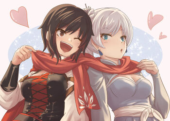 2girls :o ;d alternate_eye_color black_corset black_hair blue_eyes breasts brown_eyes cleavage corset dress heart high_ponytail long_sleeves medium_breasts moai_(moai_world) multicolored_hair multiple_girls one_eye_closed open_mouth ponytail red_hair red_scarf ruby_rose rwby sash scarf shared_clothes shared_scarf short_hair shoulder-to-shoulder smile two-tone_hair upper_body weiss_schnee white_hair white_sash