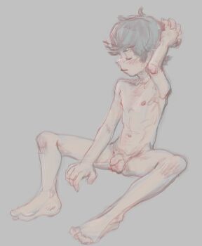 1boy closed_eyes completely_nude eirikr full_body hand_on_own_head highres male_focus nipples nude original penis short_hair shota simple_background sitting solo testicles