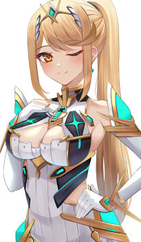 Rule 34 | 1girl, alternate hairstyle, bare shoulders, blonde hair, breasts, chest jewel, cleavage, cleavage cutout, clothing cutout, commentary request, dress, earrings, elbow gloves, gem, gloves, headpiece, highres, jewelry, kyaro (wanu 14), large breasts, long hair, mythra (xenoblade), ponytail, revision, short dress, solo, swept bangs, tiara, upper body, very long hair, white dress, white gloves, xenoblade chronicles (series), xenoblade chronicles 2, yellow eyes