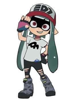 1girl artist_self-insert fingerless_gloves full_body gloves hand_on_own_hip hat highres inkling inkling_girl inkling_player_character looking_at_viewer nintendo shaded_face sharp_teeth smile solo splacon splatoon_(series) splatoon_3 teeth