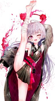 1girl ;d a1u absurdres bandaged_leg bandages bell black_kimono blue_archive breasts commentary gauze gauze_on_cheek grey_hair halo highres japanese_clothes jingle_bell kimono leg_up long_hair one_eye_closed open_mouth pink_eyes pointy_ears red_halo revision shuro_(blue_archive) sideless_outfit simple_background small_breasts smile solo split standing standing_on_one_leg standing_split teeth upper_teeth_only white_background